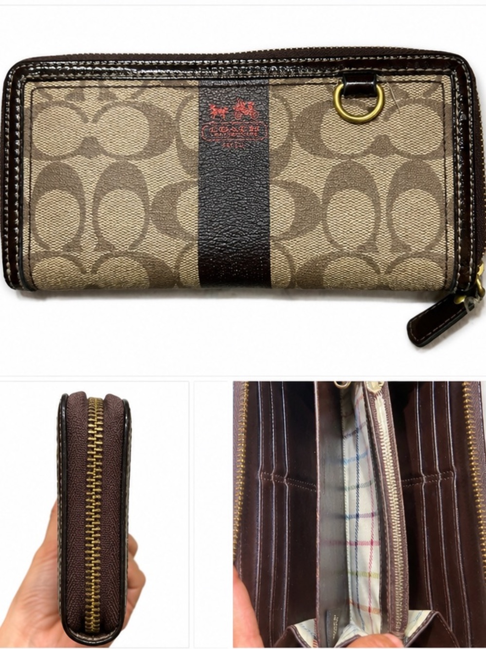 Coach Signature Canvas Zip Wallet in Khaki and Dark Brown